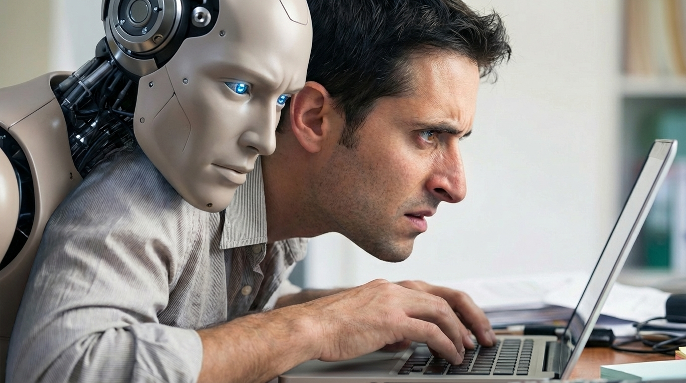 Robot watches man working
