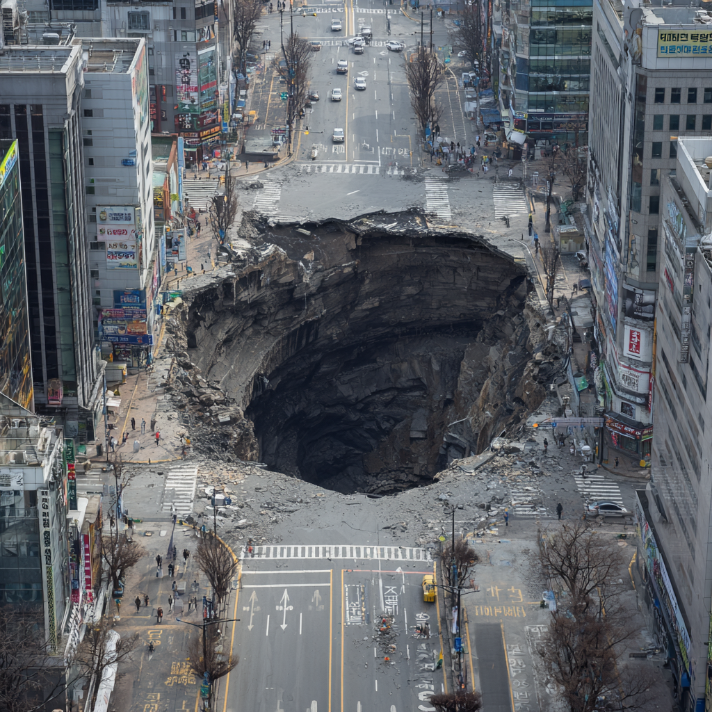 City street with sinkhole swallowing the intersection