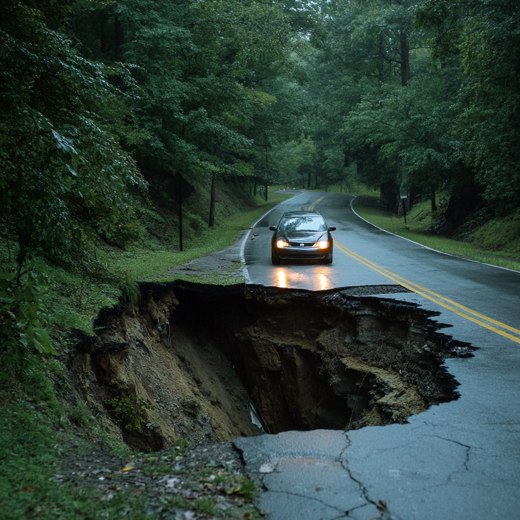 Country road with sinkhole, car stopped at edge