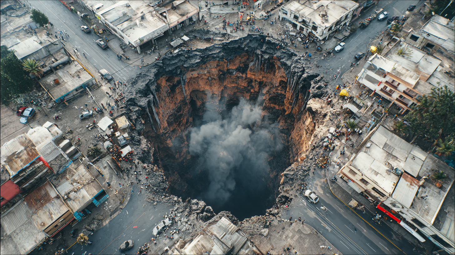 Aerial view of metro neighborhood with massive sinkhole